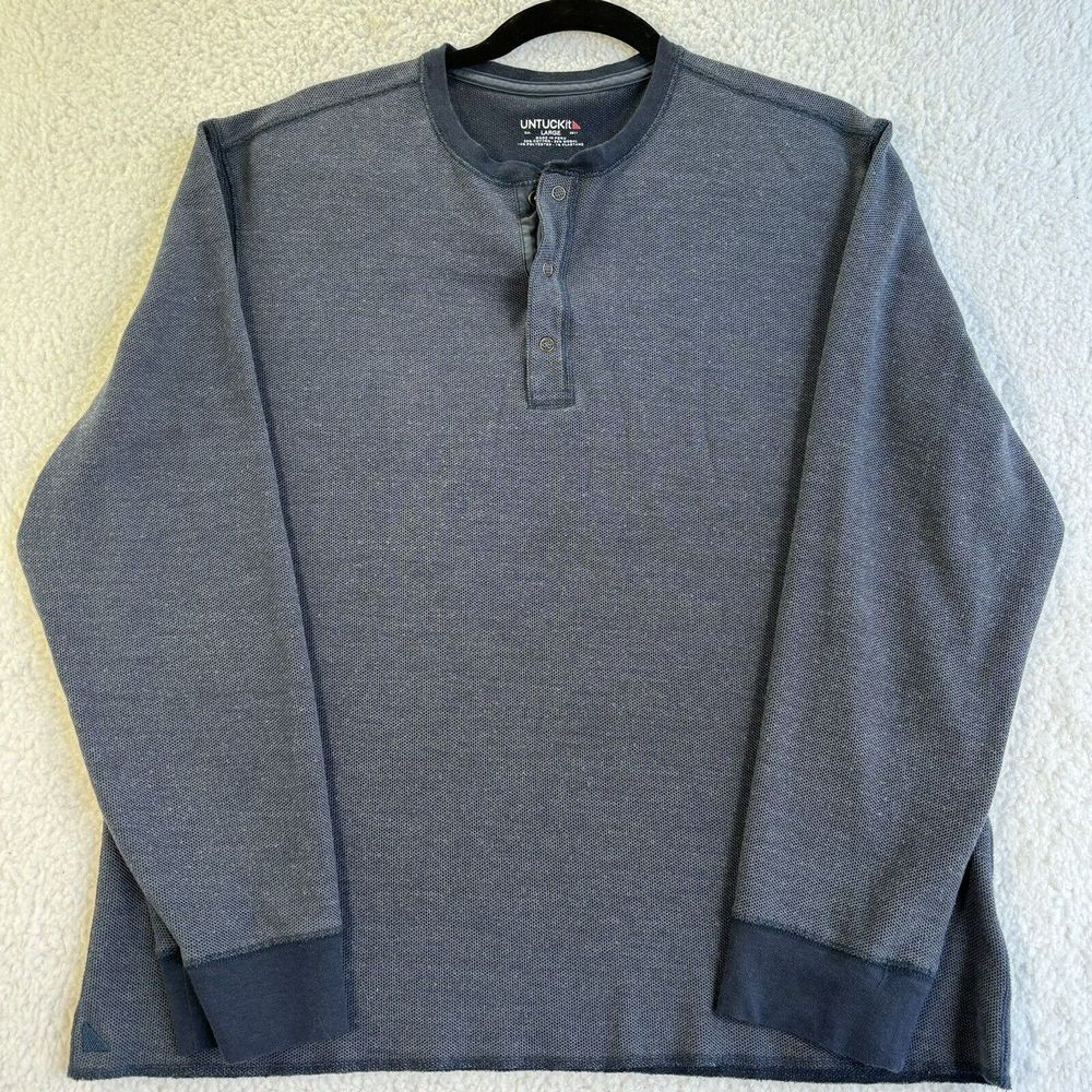 Untuckit Henley Large Shirt Long Sleeve Navy‎ Blue Cotton Textured  Schrock